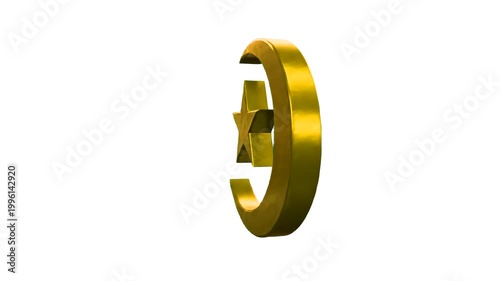 A clean and bright 3D rendering of a golden metallic Star and Crescent emblem spinning seamlessly against an isolated white background. Tailored for minimalist website graphics, modern theological edu