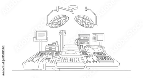 Line drawing of a hospital operating room with surgical lights and medical equipment on a clean white background.