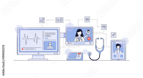 Illustration of a telemedicine setup with a computer, stethoscope, and mobile devices on a white background with blue accents.