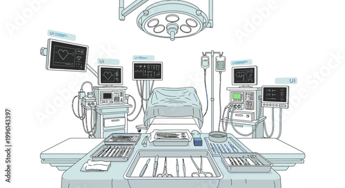 Illustration of a hospital operating room with various medical equipment and monitors in a light blue color scheme on a white background.