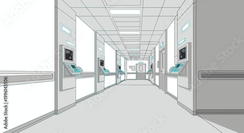 Long, empty hospital corridor with multiple medical stations and white walls, viewed from the end with fluorescent lighting.