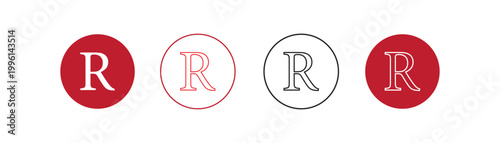 R mark, Registered Trademark Symbol Icon Set. Includes multiple variations of the classic circle R sign, ideal for logos, websites, packaging, and UI projects. illustration. eps10