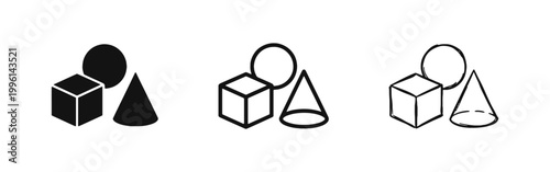 Basic 3D Geometric Shapes Icon Set with Cube Sphere and Cone