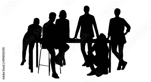 Silhouette group sitting around a table isolated on transparent background, Vector