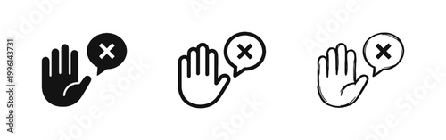 Stop and Rejection Gesture Icon Set with Hand and Cross Symbol