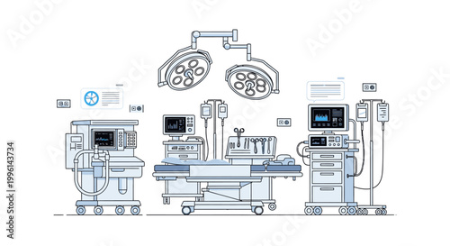 Detailed illustration of medical equipment including a hospital bed, monitors, and machinery with a technical drawing style on a white background.