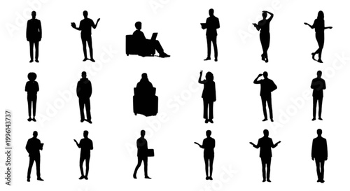 Silhouette people walking and posing differently isolated on transparent background, Vector