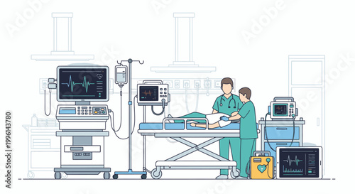 Two medical professionals in teal scrubs standing beside a hospital bed with medical equipment in a clinical setting.