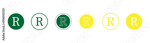 Yellow and green registered trademark symbol R icon set in outline style. ideal for logos, websites, packaging, and UI projects. vector illustration with modern, simple, and professional look.