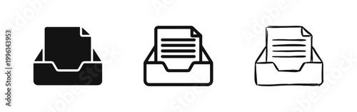 Inbox icon set with document in tray for office organization and workflow management.