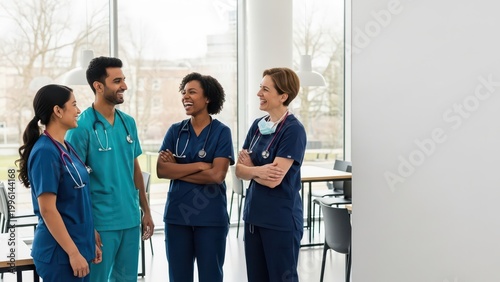 Diverse medical team sharing a laugh in hospital lounge with white copy space
