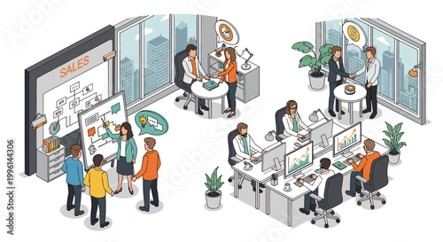 Isometric office scene depicts diverse professionals collaborating, strategizing, and making deals, showcasing teamwork, sales presentations, and financial discussions with clean