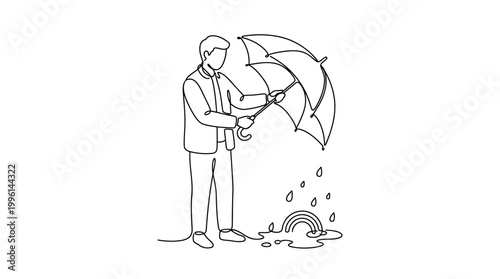 Continuous Line Drawing of Person Closing Umbrella with Rainbow Minimalist Vector