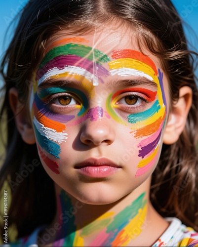 Young person with layered painted faces and double exposure effect, exploring identity, self perception and personal transformation in artistic portrait photography.