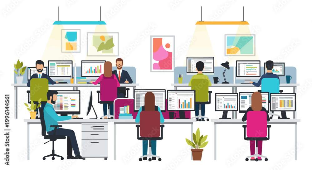 Fototapeta premium Office workspace scene depicting diverse professionals collaborating at computers, showcasing data analysis, teamwork, and business operations, rendered in a clean, modern vector
