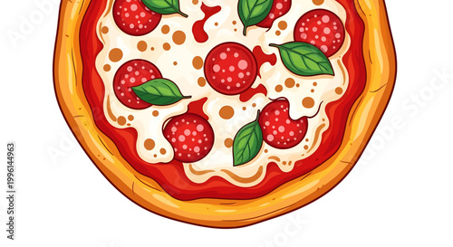 Delicious homemade pepperoni pizza with melted cheese and fresh basil leaves on top