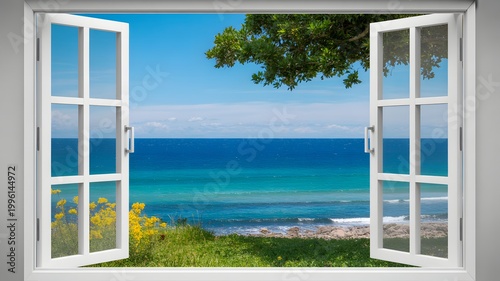 A serene ocean view through open white window frames a sunny landscape with tree leaves and yellow flowers on green grass