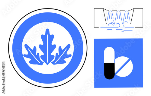 Environmental awareness, healthcare, product branding, water conservation, natural health, ecosystem balance. Oak leaves symbol, waterfall sketch and pill and tablet. Environmental awareness