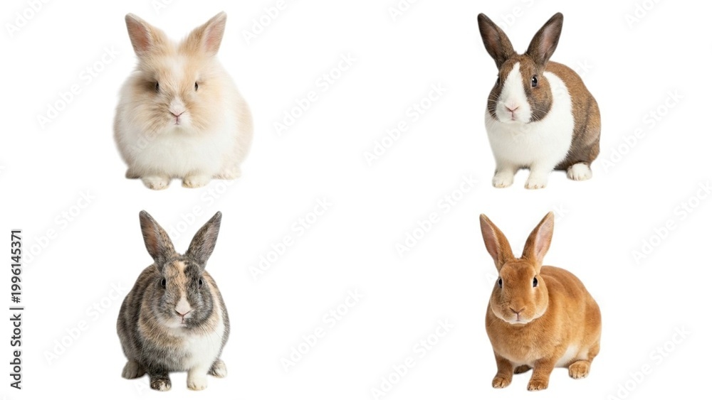 Fototapeta premium Four adorable rabbits sitting on transparent background