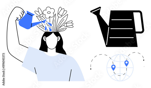 Personal development, mental health, nurturing ideas, creativity, self-care, growth mindset. Person watering flowers sprouting from head. Personal development and mental health concept