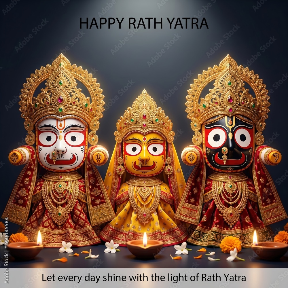 Fototapeta premium Idols of Jagannath, Balabhadra, and Subhadra decorated for Rath Yatra festival with diyas and flowers