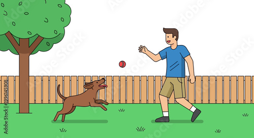 Man playing fetch with dog in backyard, happy pet and owner enjoying outdoor activity