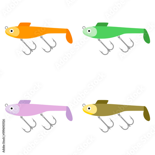 set of fishing lures and artificial baits with hooks flat design vector illustration isolated on white background