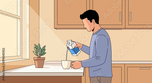 Man pouring milk into coffee cup in a sunlit kitchen, morning routine