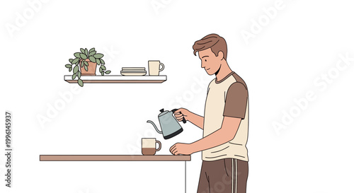Man pouring hot water from kettle into mug for coffee or tea