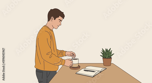 Man preparing a drink at a desk with a notebook and plant
