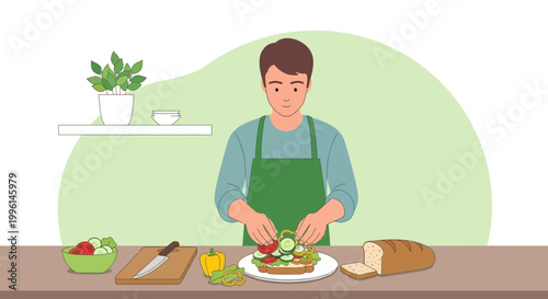 Man preparing a healthy sandwich with fresh vegetables and salad, cooking at home