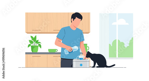 Man refills cat water fountain in kitchen, pet drinks from it