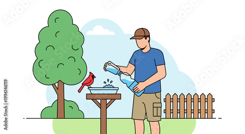 Man refills bird bath for cardinal in backyard garden, summer day