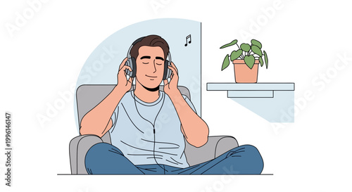 Man Relaxing on Chair Listening to Music with Headphones, Peaceful Mindset