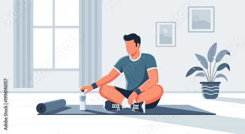 Man resting on yoga mat after workout, holding water bottle, home fitness concept