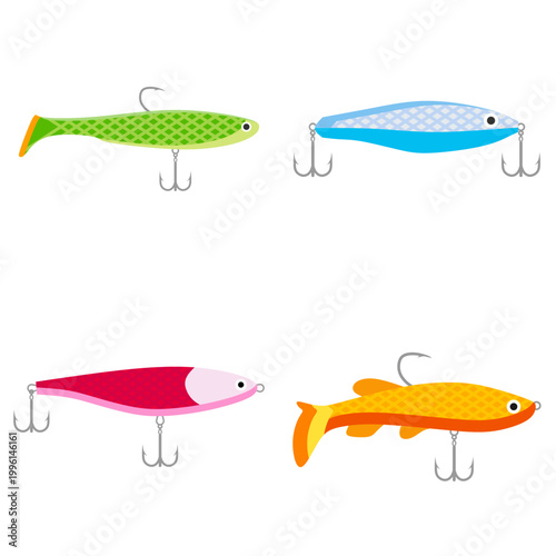 set of fishing lures and artificial baits with hooks flat design vector illustration isolated on white background