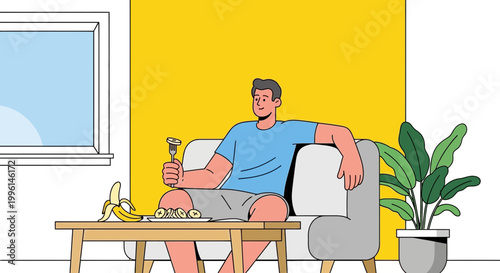 Man relaxing on sofa eating banana, healthy lifestyle, home comfort