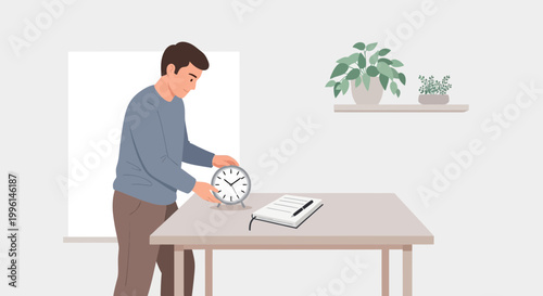 Man setting alarm clock on desk with notebook, home office or study setup