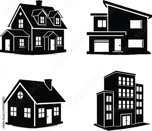 Residential house exterior icon set with modern and traditional architecture styles isolated on transparent background, building facade and home design collection