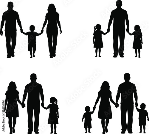Happy family silhouette icon with parents and children standing together isolated on transparent background, family unity and parenting symbol