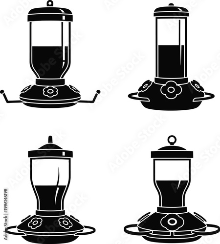 Hummingbird feeder icon with flower shaped ports isolated on transparent background, garden bird feeding station and wildlife care symbol