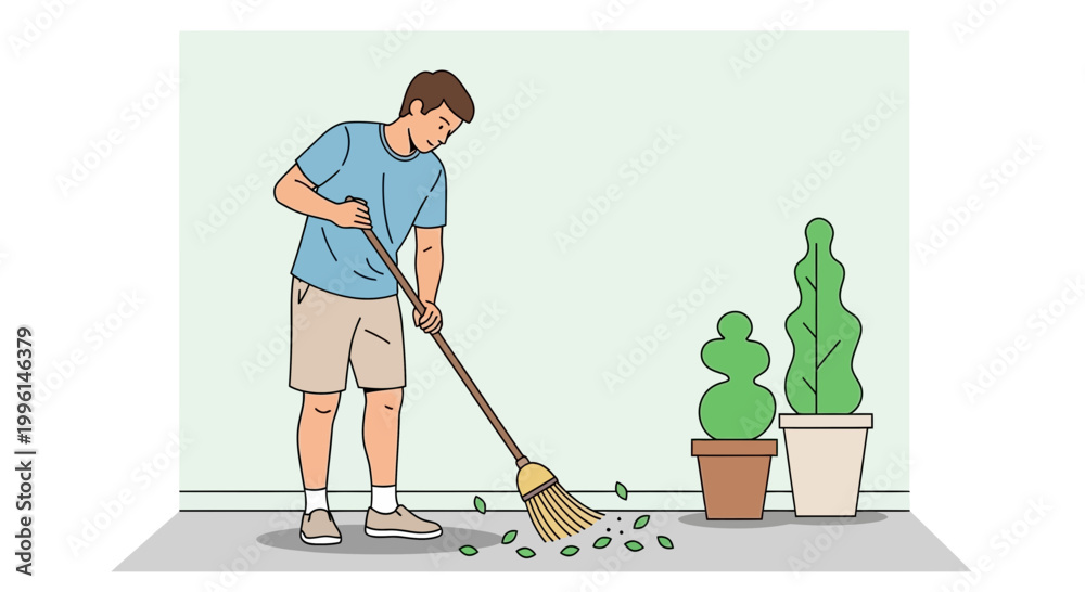 Fototapeta premium Man sweeping leaves from patio with broom, outdoor home maintenance