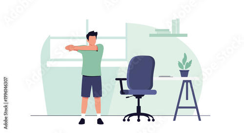 Man stretching in office, healthy lifestyle, work break, fitness at desk