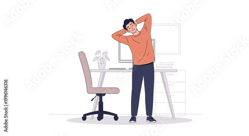 Man stretching at office desk, promoting healthy work habits and well-being