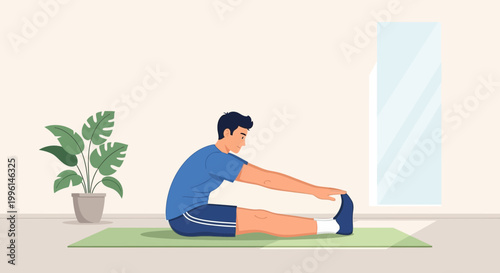 Man stretching legs on yoga mat at home, healthy lifestyle, fitness exercise