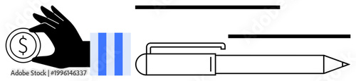 Financial planning, wealth management, business transactions, record-keeping, investments, monetary exchanges. Hand holding a dollar coin and a pen. Financial transactions and wealth management