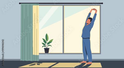 Man stretching in pajamas by window with plant, morning light, healthy lifestyle