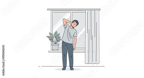 Man stretching neck and shoulders at home, indoor exercise, healthy lifestyle, window background