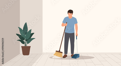 Man sweeping floor with broom and dustpan, cleaning home, indoor plant