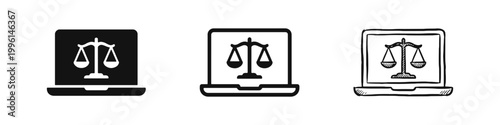Online Law and Digital Justice Icon Set with Laptop and Scales Symbol